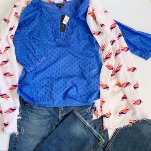 Talbots 3/4 sleeve blouse blue dot ruffle S